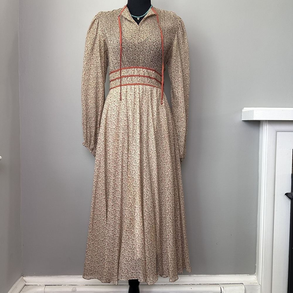 Vintage Jonathan Logan Dress Women 8 Tan Red‎ Floral Prairie Maxi USA 70s Flaw